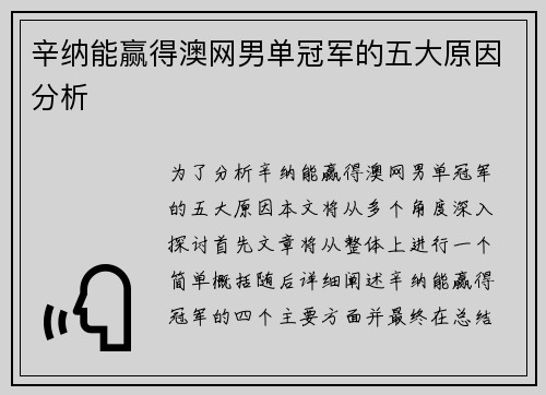 辛纳能赢得澳网男单冠军的五大原因分析